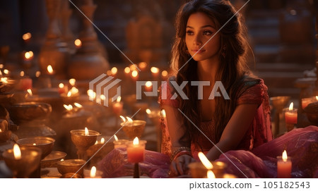 Indian woman in Indian temple in honor of Diwali holiday. Indian woman in Indian temple in honor of Diwali holiday. 105182543