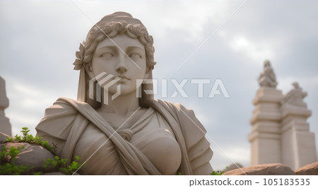 Illustration of a stone statue with the sky and ruins in the background Illustration of a stone statue with the sky and ruins in the background 105183535