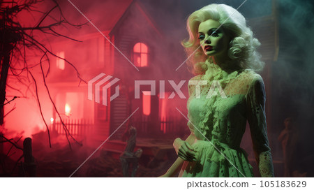 creepy doll at night against the backdrop of a scary house 105183629