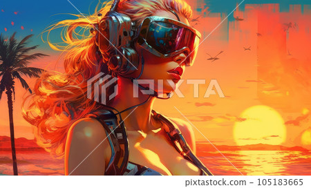 cyborg woman relaxing by the pool cyborg woman relaxing by the pool 105183665