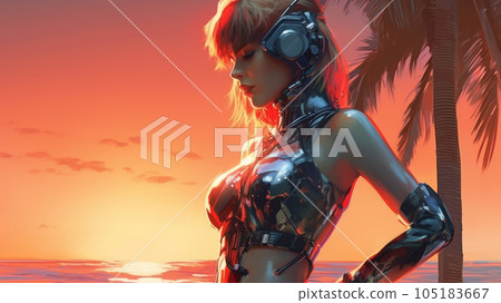 cyborg woman relaxing by the pool cyborg woman relaxing by the pool 105183667