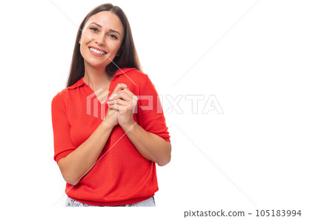 pretty caucasian woman with black hair is wearing a red blouse with a neckline smiling with open 105183994