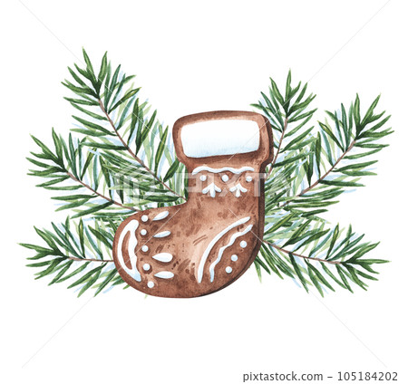 Watercolor gingerbread cookie sock with fir branches isolated on white background. Watercolour Christmas food illustration. For decor, textile, packaging, dishes. 105184202