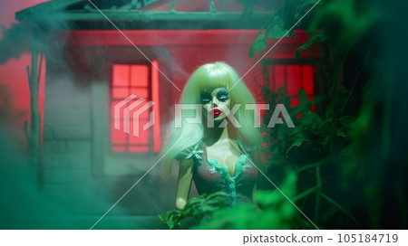 creepy doll at night against the backdrop of a scary house 105184719