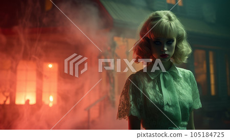 Blonde woman at night against the backdrop of a scary house Blonde woman at night against the backdrop of a scary house 105184725