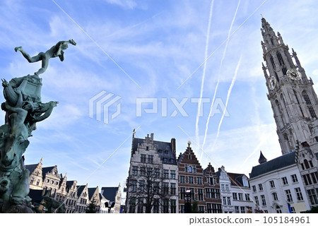 Guildhouses and spiers of the Cathedral of Our Lady of Antwerp from the Grote Markt 105184961