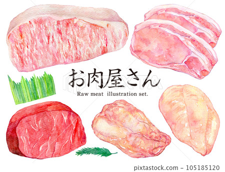 Watercolor illustration set raw meat butcher shop Watercolor illustration set raw meat butcher shop 105185120