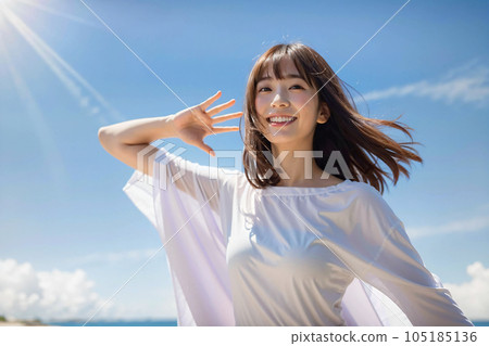 一位身穿白衣的日本年輕女子在藍天下微笑 AI 生成 一位身穿白衣的日本年輕女子在藍天下微笑 AI 生成 105185136