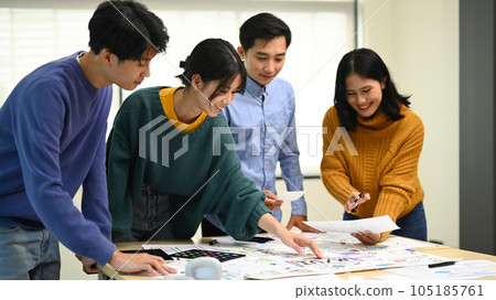Group of young developers working on new website wireframe, planning application development at creative office 105185761