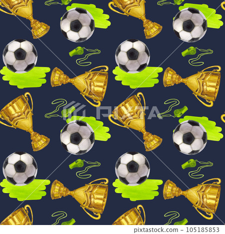 Seamless pattern golden winner cup trophy, soccer ball, whistle, victory, prize. Hand draw watercolor illustration isolated on dark background. Textile, print, wrapping paper 105185853