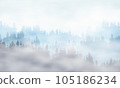 Realistic illustration of forest with treetops in misty haze. Blue sky with clouds. 105186234