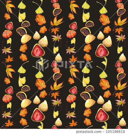 Watercolor seamless pattern with hand drawn traditional Japanese sweets. Wagashi, mochi, autumn maple leaves. Isolated on color background. Invitations, restaurant menu, greeting cards, print, textile Watercolor seamless pattern with hand drawn traditional Japanese sweets. Wagashi, mochi, autumn maple leaves. Isolated on color background. Invitations, restaurant menu, greeting cards, print, textile 105186618
