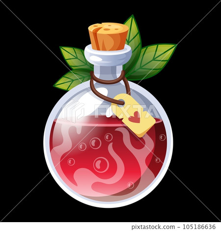 Magic potion. Love elixir bottle. Poison drink. Glass vial with cork and leaves. Magical laboratory. Witch alchemy. Valentine beverage. Fantasy liquid. Aphrodisiac substance. Vector witchcraft object 105186636