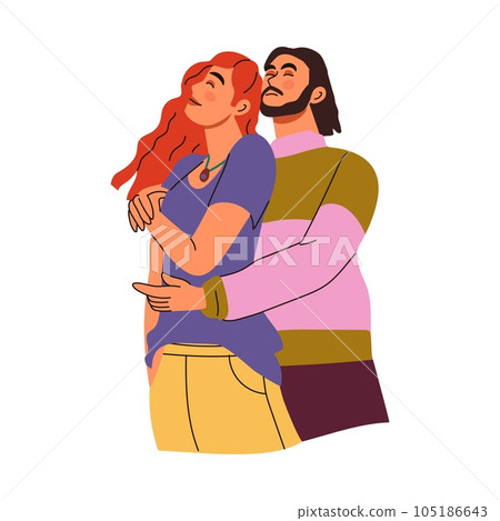 Romantic couple. Man and woman hugging. Happy female and male. Romance relationships. Girlfriend and boyfriend together. Beloved characters in modern style drawing. Vector exact cartoon illustration 105186643