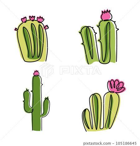 Cactus poster. Saguaro plants. Cacti with flowers. Green cactaceae succulents. Desert flora. Cute prickly houseplants. Doodle line drawing. Wilderness botany. Vector botanical isolated elements set Cactus poster. Saguaro plants. Cacti with flowers. Green cactaceae succulents. Desert flora. Cute prickly houseplants. Doodle line drawing. Wilderness botany. Vector botanical isolated elements set 105186645