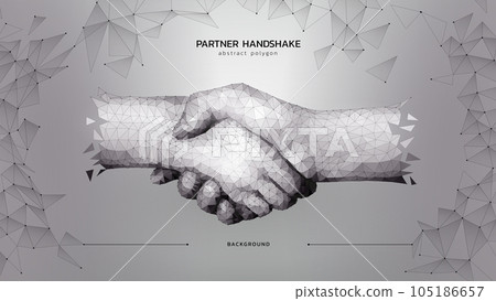 Partners handshake. Business partnership. Abstract polygon hands touching. 3D meeting technology. Shaking arms gesture. Friendship and cooperation. Deal concept. Vector exact monochrome background Partners handshake. Business partnership. Abstract polygon hands touching. 3D meeting technology. Shaking arms gesture. Friendship and cooperation. Deal concept. Vector exact monochrome background 105186657