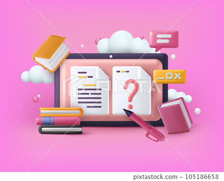 Online education. 3D books. Business exam or quiz. Test in class or internet examination. Digital tablet screen. Web study. Computer training course. Textbooks stack. Vector exact illustration icons 105186658