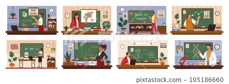 School teachers. Professor at classroom blackboard. Lecture or studying presentation. Training in class. People teaching physics and mathematics. Educational lessons set. Vector tidy flat illustration School teachers. Professor at classroom blackboard. Lecture or studying presentation. Training in class. People teaching physics and mathematics. Educational lessons set. Vector tidy flat illustration 105186660