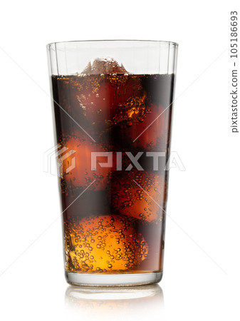 Cola soda drink with ice cubes and bubbles on white. 105186693