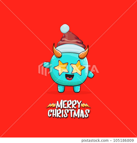 Vector cartoon funky blue monster with Santa Claus red hat isolated on red christmas background. Childrens Merry Christmas greeting card with funny monster minion elf Santa Claus. 105186809