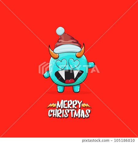 Vector cartoon funky blue monster with Santa Claus red hat isolated on red christmas background. Childrens Merry Christmas greeting card with funny monster minion elf Santa Claus. 105186810