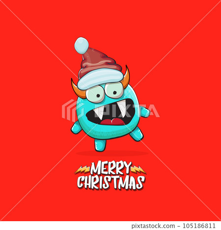 Vector cartoon funky blue monster with Santa Claus red hat isolated on red christmas background. Childrens Merry Christmas greeting card with funny monster minion elf Santa Claus. 105186811