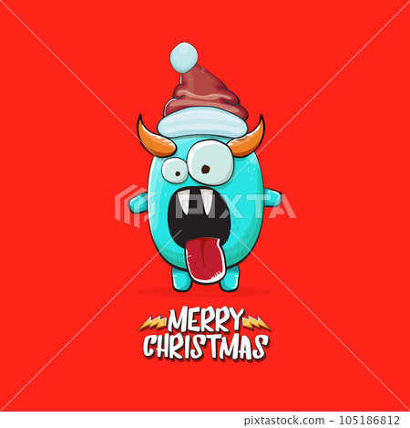 Vector cartoon funky blue monster with Santa Claus red hat isolated on red christmas background. Childrens Merry Christmas greeting card with funny monster minion elf Santa Claus. Vector cartoon funky blue monster with Santa Claus red hat isolated on red christmas background. Childrens Merry Christmas greeting card with funny monster minion elf Santa Claus. 105186812