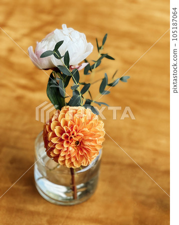 Flower composition of pink peony, orange dahlia and twigs with leaves in a glass vase. 105187064