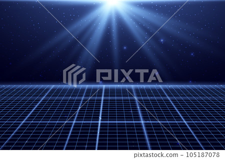 Wireframe perspective grid. Space neon infinity mesh, abstract retro background. Vector illustration 105187078