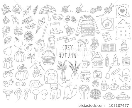 Set of hand drawn autumn elements. Outline design objects symbolizing autumn, comfort, harvest. Warm clothes, leaves, hot drink. Black white vector illustration isolated on white . Editable stroke 105187477