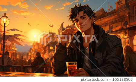anime boy resting at oktoberfest festival. anime boy resting at oktoberfest festival. 105188503
