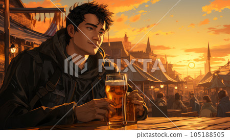 anime boy resting at oktoberfest festival. 105188505