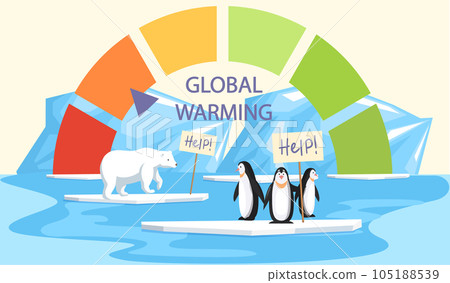 Polar animals on ice floe asking for help, melting glaciers. Scale with indicator of global warming 105188539