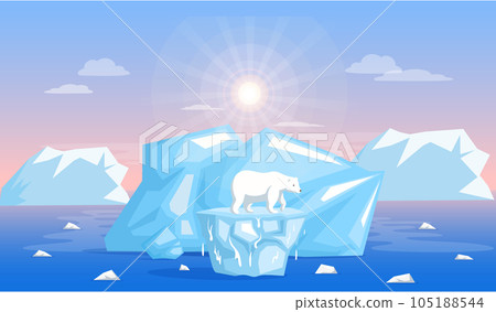 Polar bear on melting from global warming, climate change glacier on background of iceberg 105188544