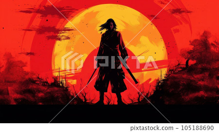 post apocalypse, samurai at sunset. post apocalypse, samurai at sunset. 105188690