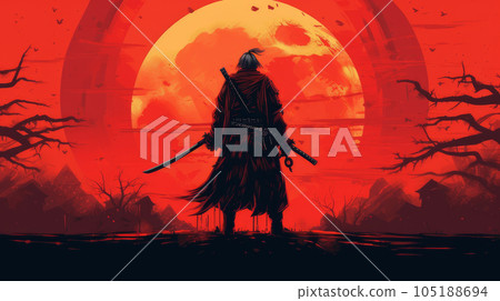 post apocalypse, samurai at sunset. post apocalypse, samurai at sunset. 105188694