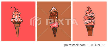 Hand drawn vector abstract cartoon ice creram cone ,sundae line art illustration set .Ice cream dessert vector illustration design concept. Sweed gelato,ice dessert cute doodle illustration isolated. 105189135