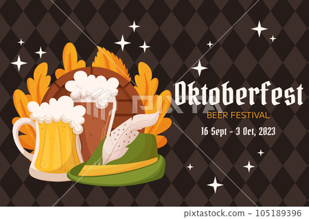 Oktoberfest German beer festival background. Design with glass of light and dark beer, tyrolean hat and leaves. Rhombus pattern on back 105189396
