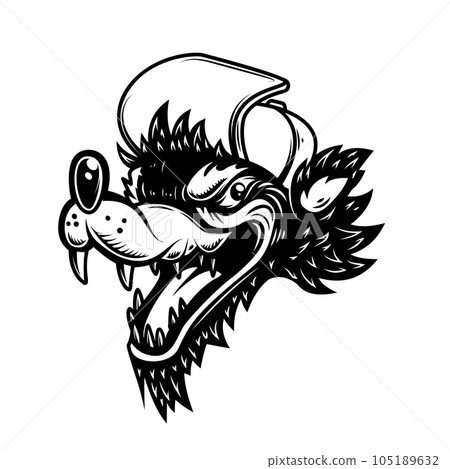 Illustration of cartoon wolf in baseball cap. Design element for poster, card, banner, sign, logo. Vector illustration Illustration of cartoon wolf in baseball cap. Design element for poster, card, banner, sign, logo. Vector illustration 105189632