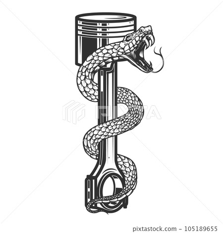 Illustrations of snake on car piston. Design element for poster, card, banner, sign. Vector illustration 105189655