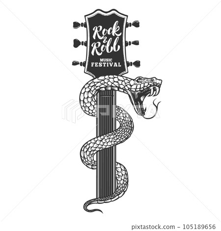 Illustrations of snake on guitar head. Design element for poster, card, banner, sign. Vector illustration 105189656