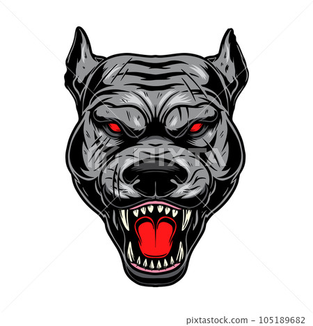 Illustration of angry dog head. Design element for poster card, logo, emblem, sign. Vector illustration 105189682
