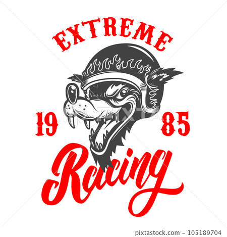 Extreme Racing. Emblem template with cartoon racer wolf. Design element for logo, label, sign, emblem, poster. Vector illustration Extreme Racing. Emblem template with cartoon racer wolf. Design element for logo, label, sign, emblem, poster. Vector illustration 105189704