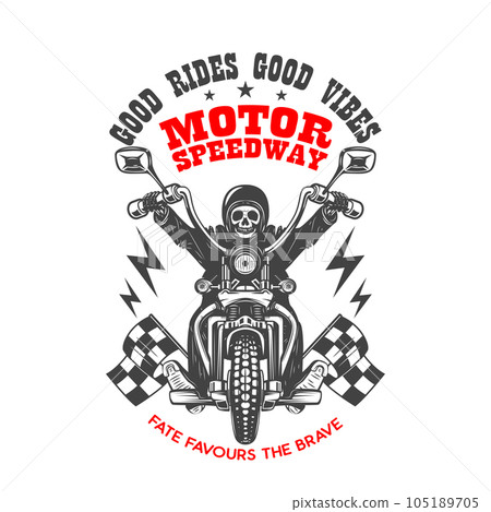 Motor speedway. Emblem template with skeleton on vintage motorcycle. Design element for logo, label, sign, emblem, poster. Vector illustration Motor speedway. Emblem template with skeleton on vintage motorcycle. Design element for logo, label, sign, emblem, poster. Vector illustration 105189705