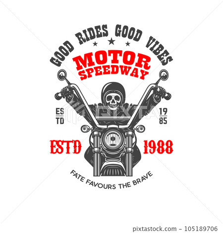 Motor speedway. Emblem template with skeleton on vintage motorcycle. Design element for logo, label, sign, emblem, poster. Vector illustration Motor speedway. Emblem template with skeleton on vintage motorcycle. Design element for logo, label, sign, emblem, poster. Vector illustration 105189706
