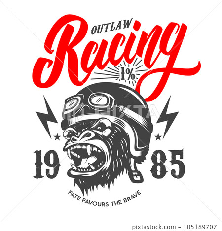Outlaw Racing. Emblem template with cartoon racer gorilla. Design element for logo, label, sign, emblem, poster. Vector illustration Outlaw Racing. Emblem template with cartoon racer gorilla. Design element for logo, label, sign, emblem, poster. Vector illustration 105189707