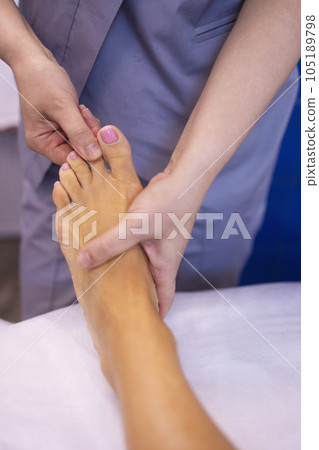 Close up of female foot getting gentle massage.  105189798