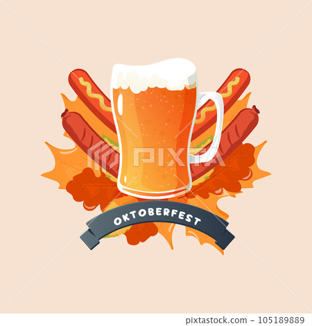 octoberfest emblem beer, sausage and leafy background 105189889