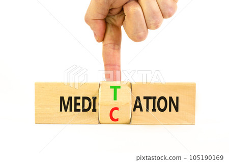 Meditation or medication symbol. Concept word Meditation medication on wooden block on a beautiful white table white background. Doctor hand. Meditation or medication concept. Copy space. 105190169