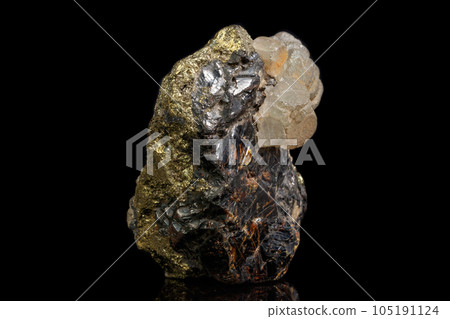 Macro of a mineral stone Sphalerite with fluorite and pyrite on a black background 105191124